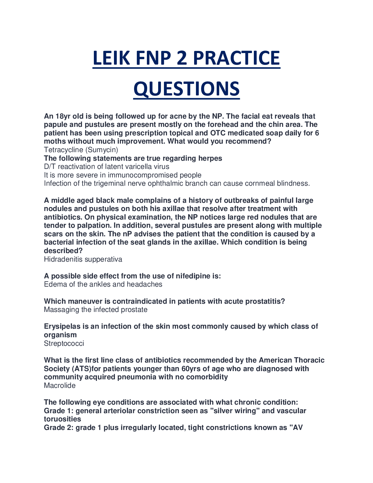 Preview image for LEIK FNP 2 EXAM PPRACTICE QUESTIONS AND ANSWERS NEW GUIDE RATED A+ |100% VERIFIED